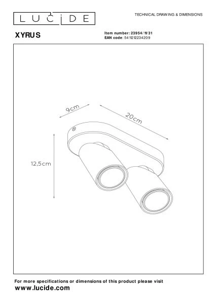 Lucide XYRUS - Plafondspot - LED Dim to warm - GU10 - 2x5W 2200K/3000K - Wit - technisch